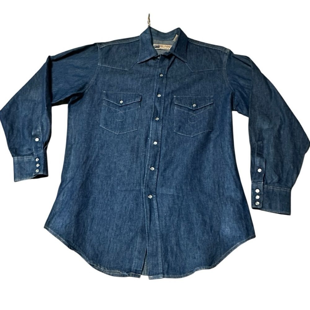 Vintage Big Mac Denim Western Shirt Mens Large 16-16.5 Pearl Snap Workwear USA